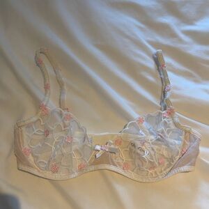 For Love And Lemons Sheer White Underwire Bra with Pink Floral Embroidery